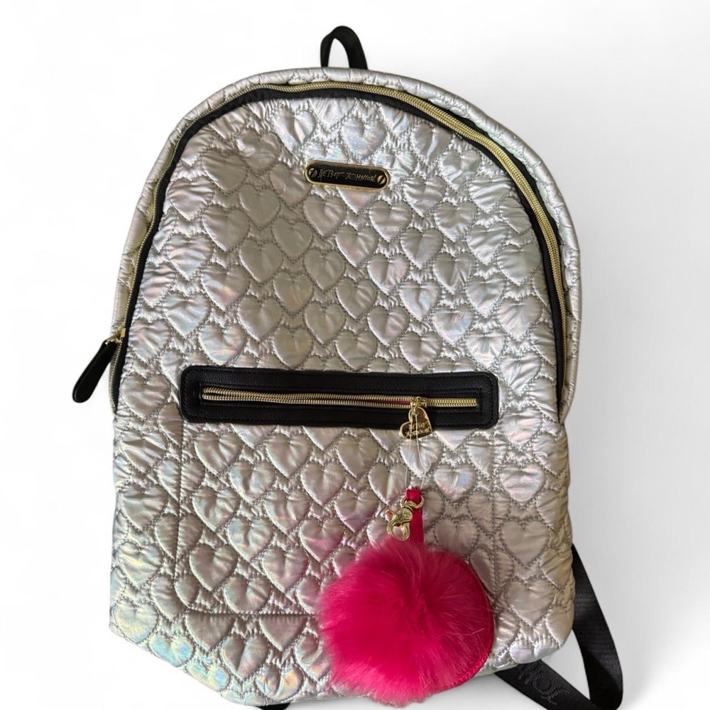 Betsey Johnson Metallic Quilted Backpack with Pink Pom Pom